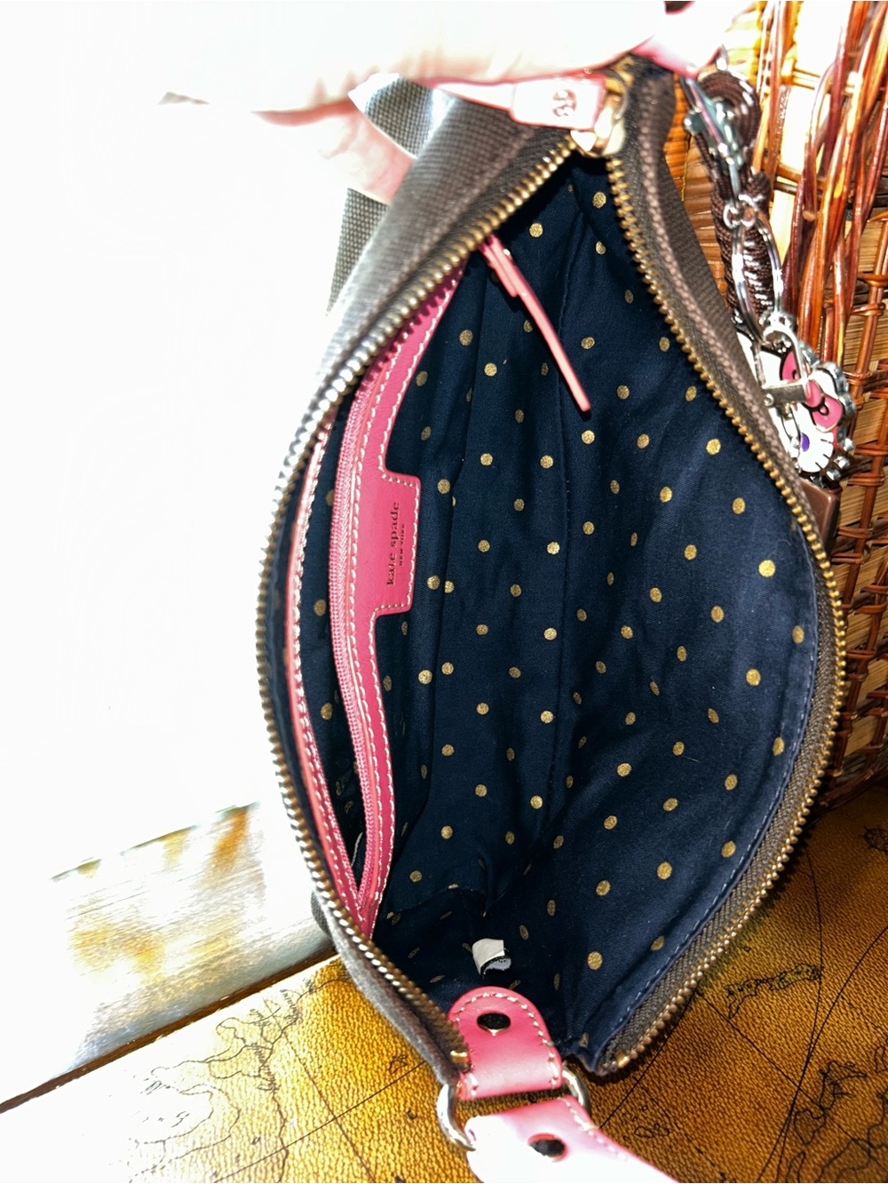 Vintage Kate Spade Mini Bag Brown Canvas with Pink Leather Trim & HelloKitty Tag - Picture 13 of 16